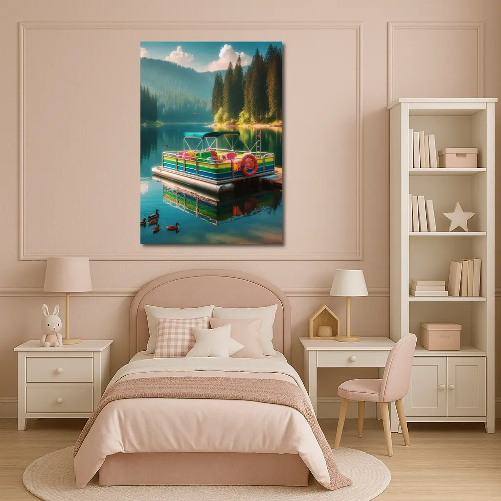 Colorful Pontoon Boat Calm Mountain Lake – Wall Art