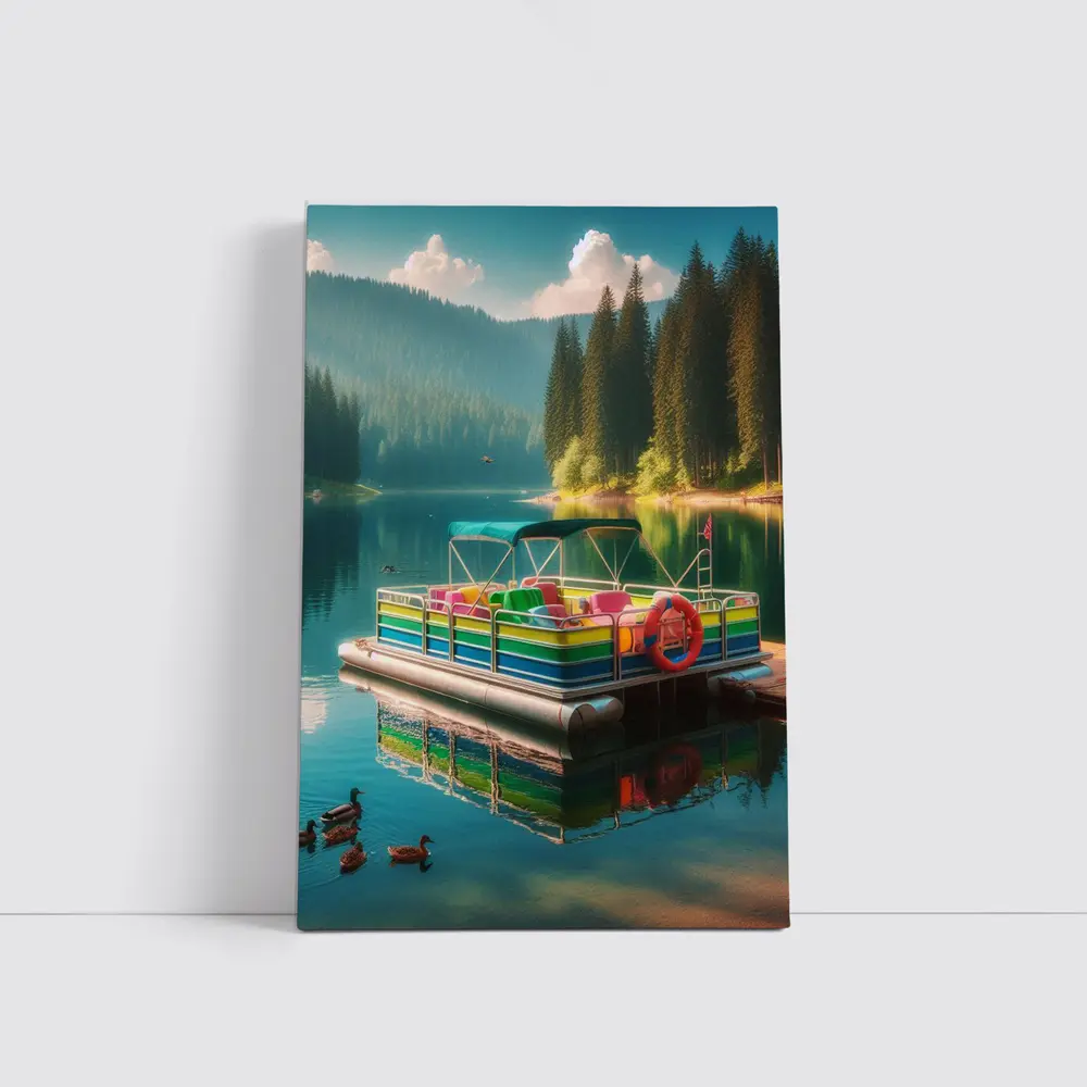 Colorful Pontoon Boat Calm Mountain Lake – Wall Art