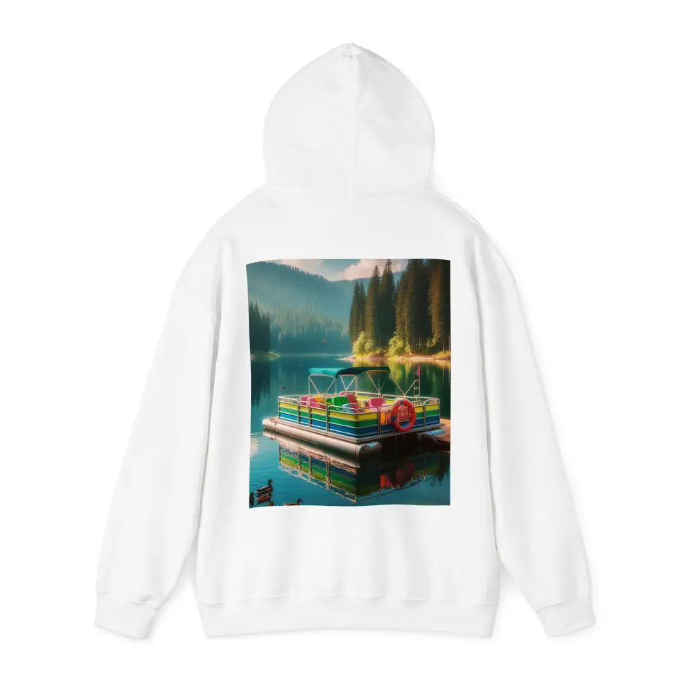 Colorful Pontoon Boat Calm Mountain Lake – Hoodies