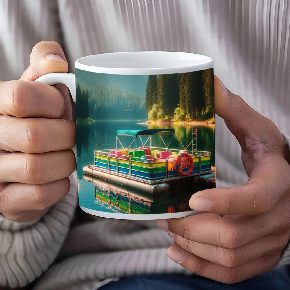 Colorful Pontoon Boat Calm Mountain Lake – Mugs
