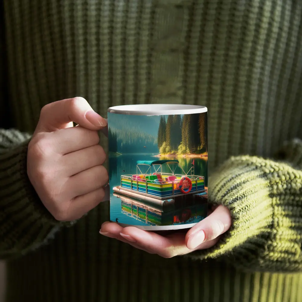 Colorful Pontoon Boat Calm Mountain Lake – Mugs