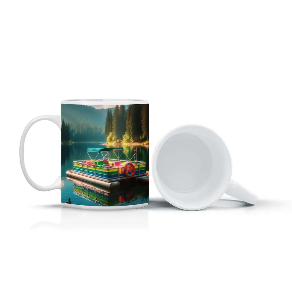 Colorful Pontoon Boat Calm Mountain Lake – Mugs