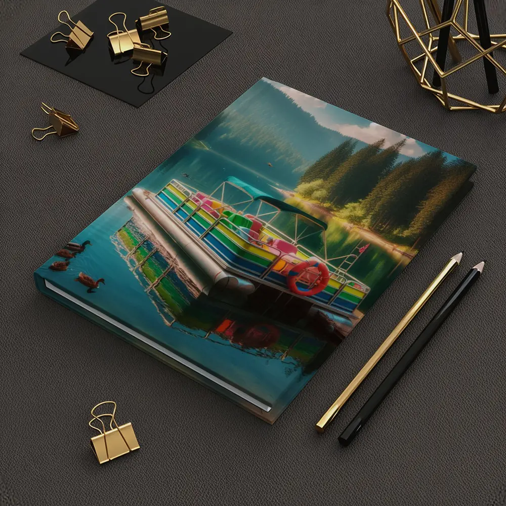 Colorful Pontoon Boat Calm Mountain Lake – Notebooks