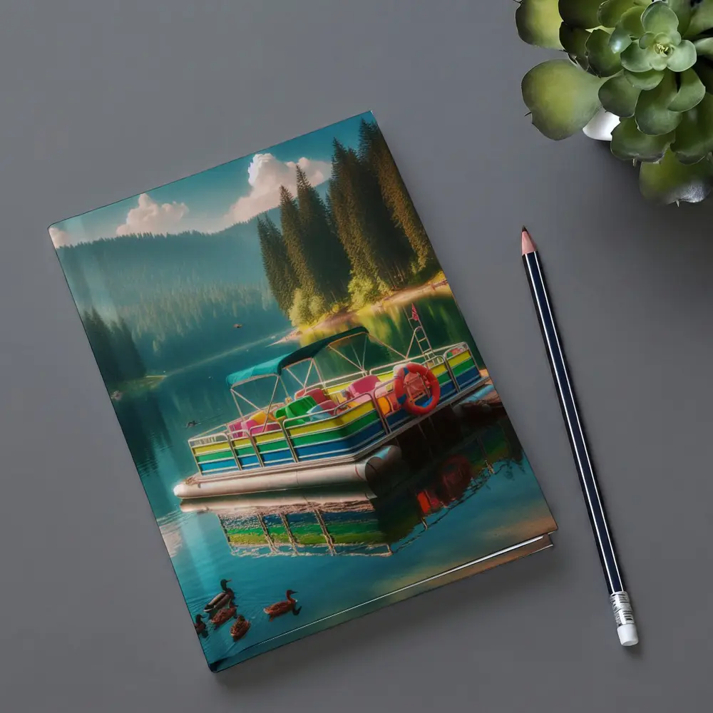 Colorful Pontoon Boat Calm Mountain Lake – Notebooks