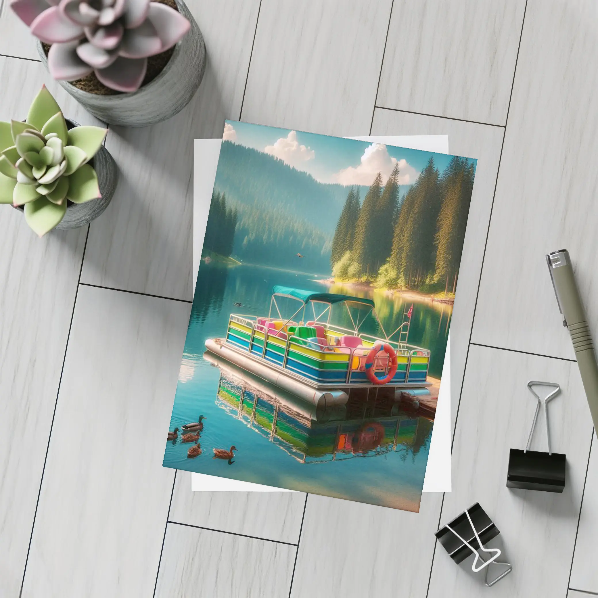 Colorful Pontoon Boat Calm Mountain Lake – Postcards