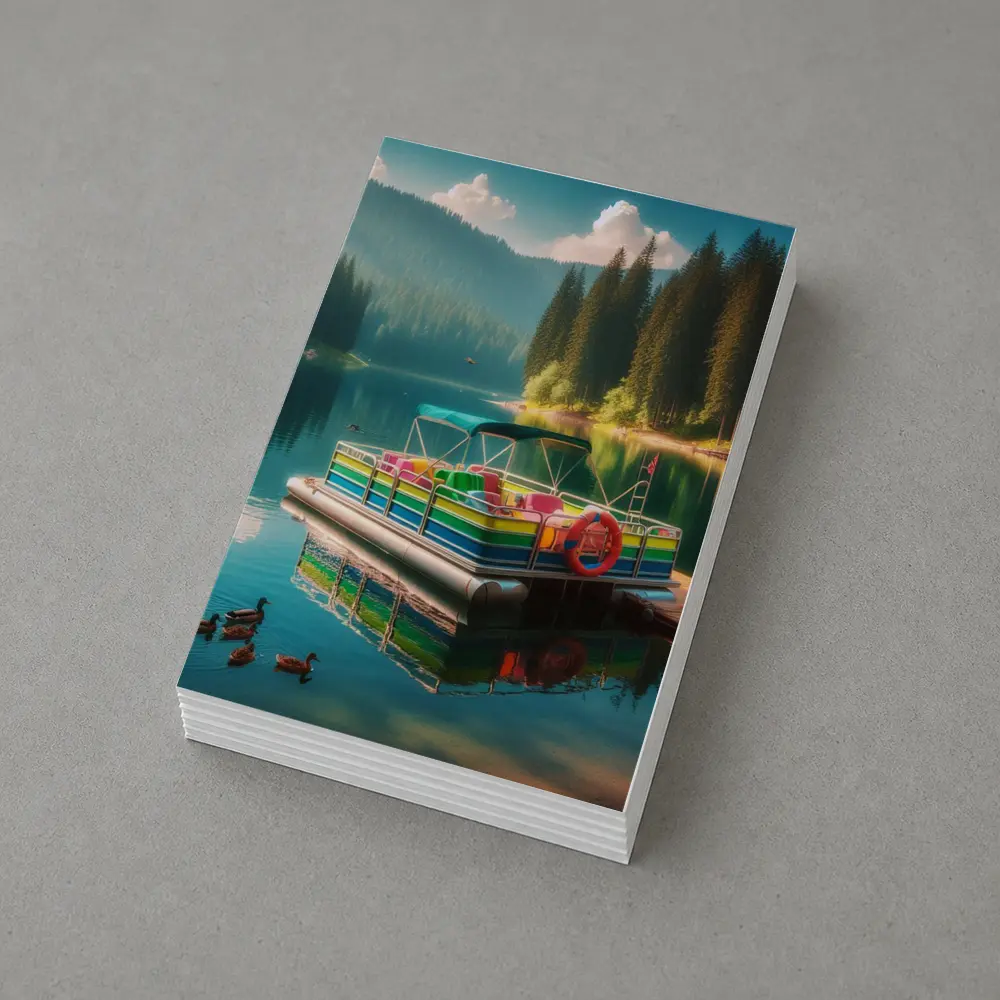 Colorful Pontoon Boat Calm Mountain Lake – Postcards