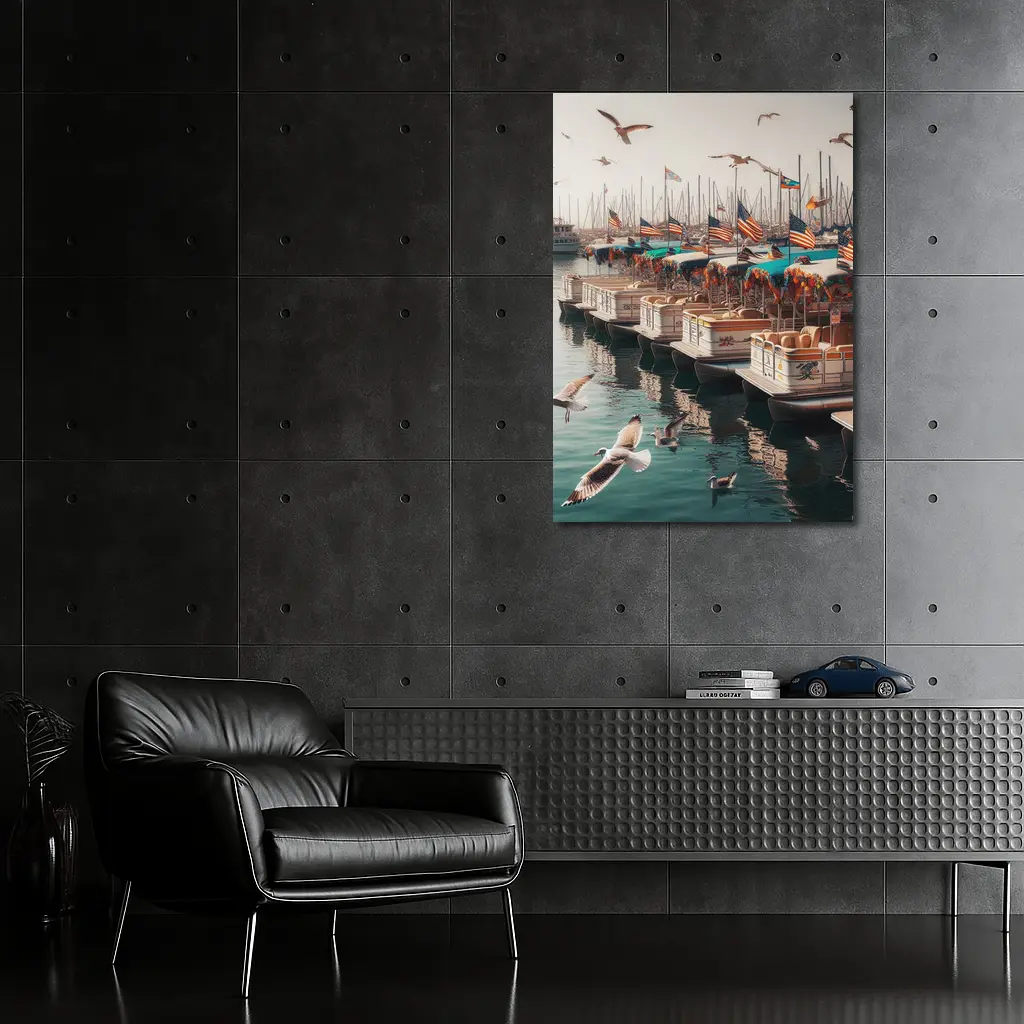 Decorated Pontoon Boats Marina American Flags – Wall Art