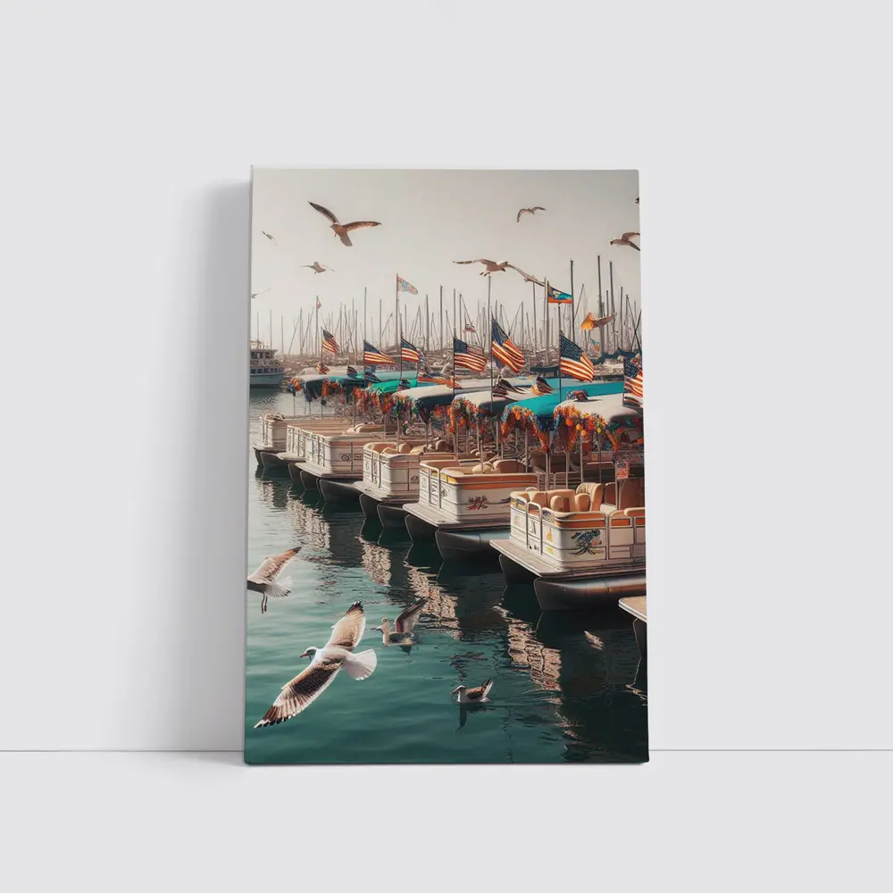 Decorated Pontoon Boats Marina American Flags – Wall Art