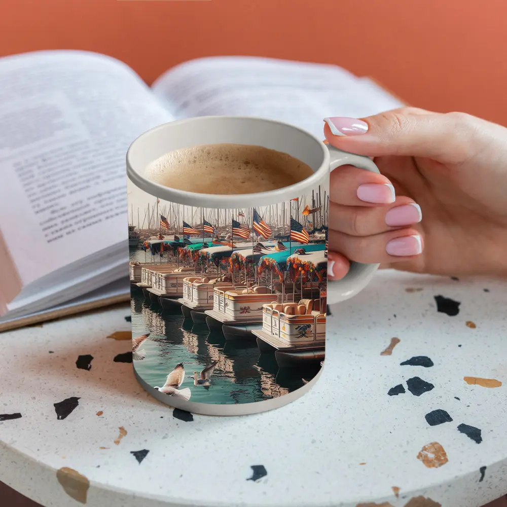 Decorated Pontoon Boats Marina American Flags – Mugs
