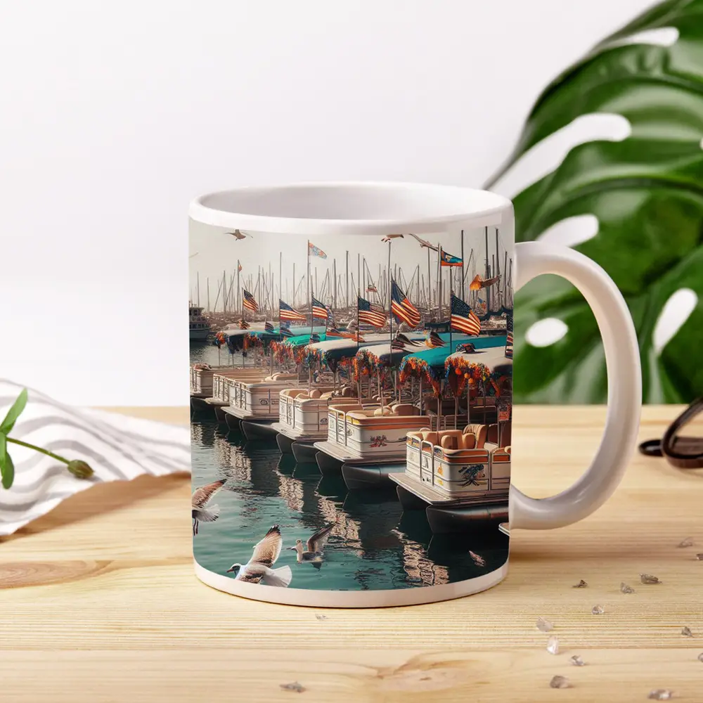 Decorated Pontoon Boats Marina American Flags – Mugs