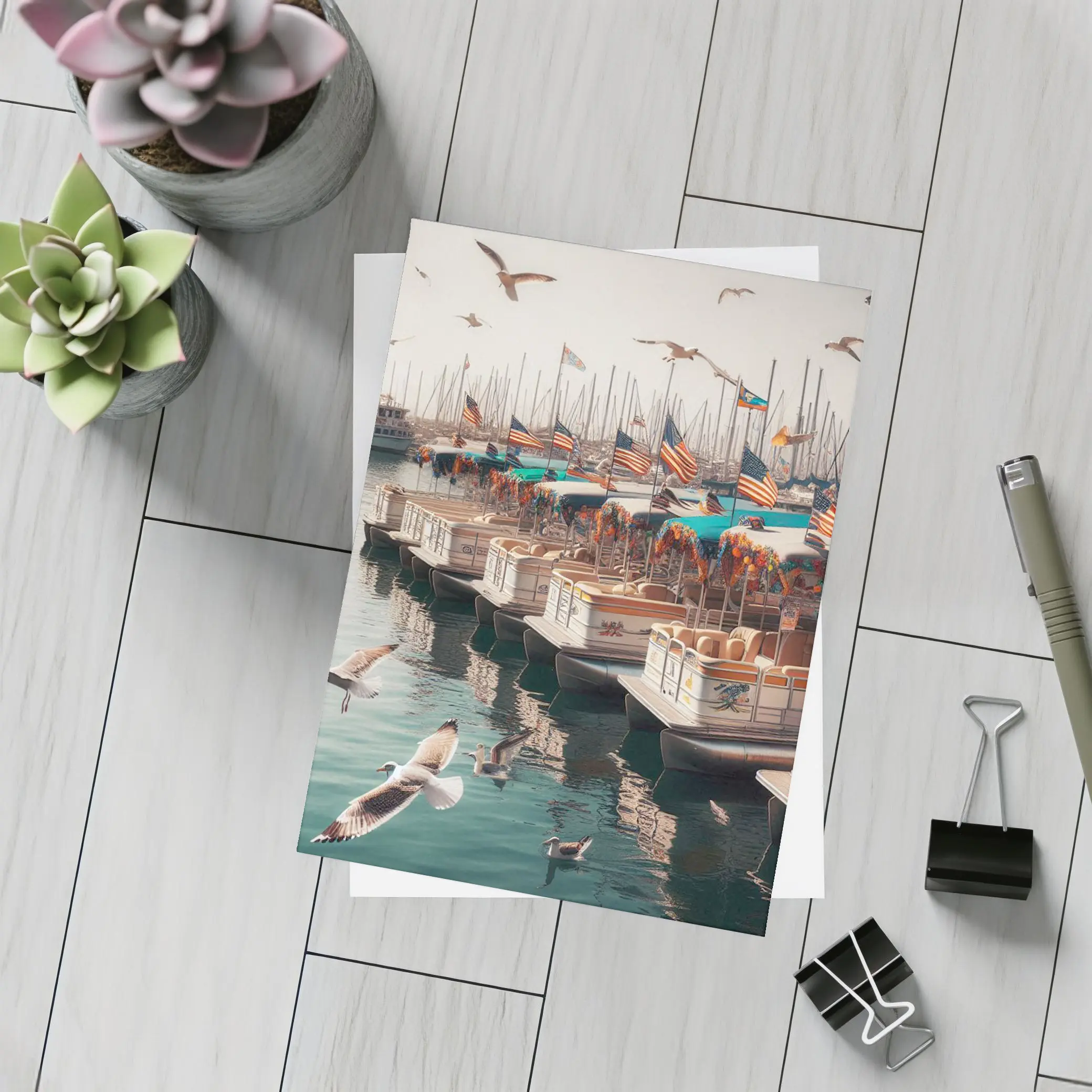 Decorated Pontoon Boats Marina American Flags – Postcards