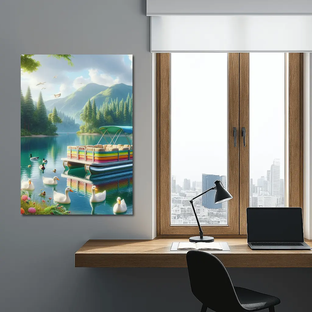 Colorful Pontoon Boat Lake Mountain Scene – Wall Art