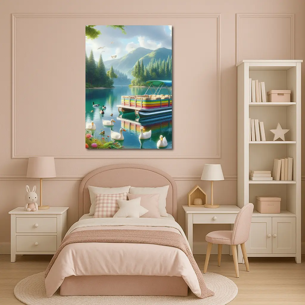 Colorful Pontoon Boat Lake Mountain Scene – Wall Art