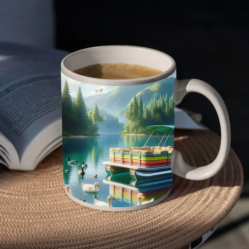Colorful Pontoon Boat Lake Mountain Scene – Mugs