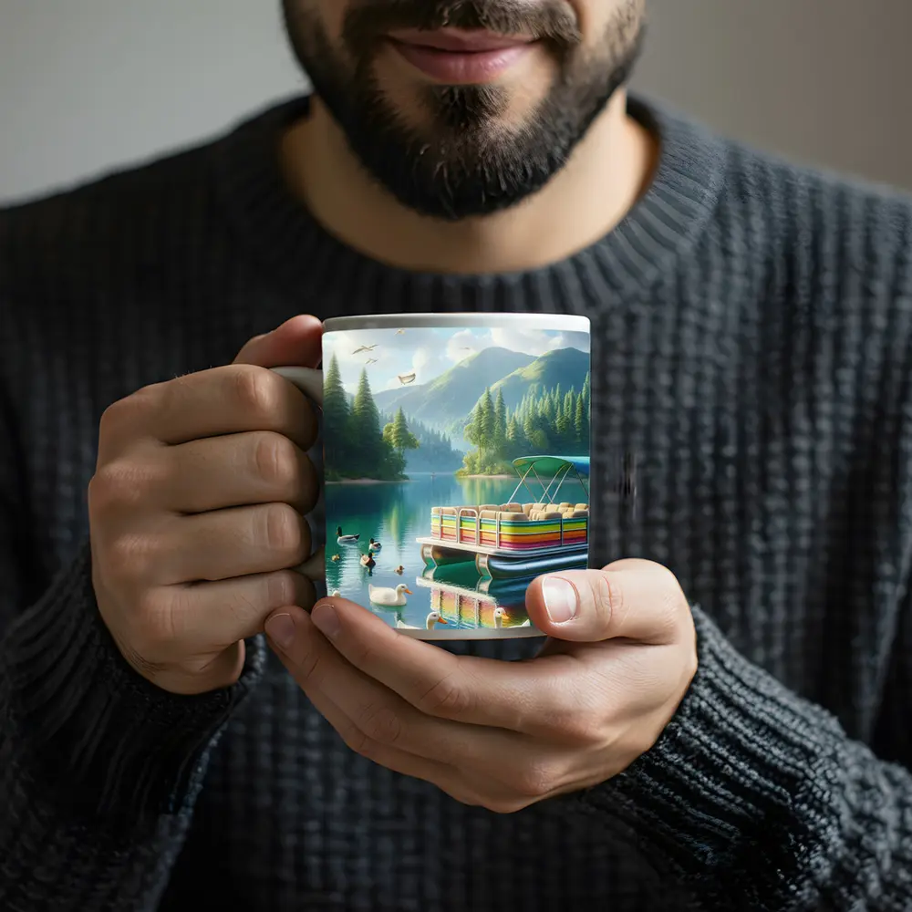 Colorful Pontoon Boat Lake Mountain Scene – Mugs