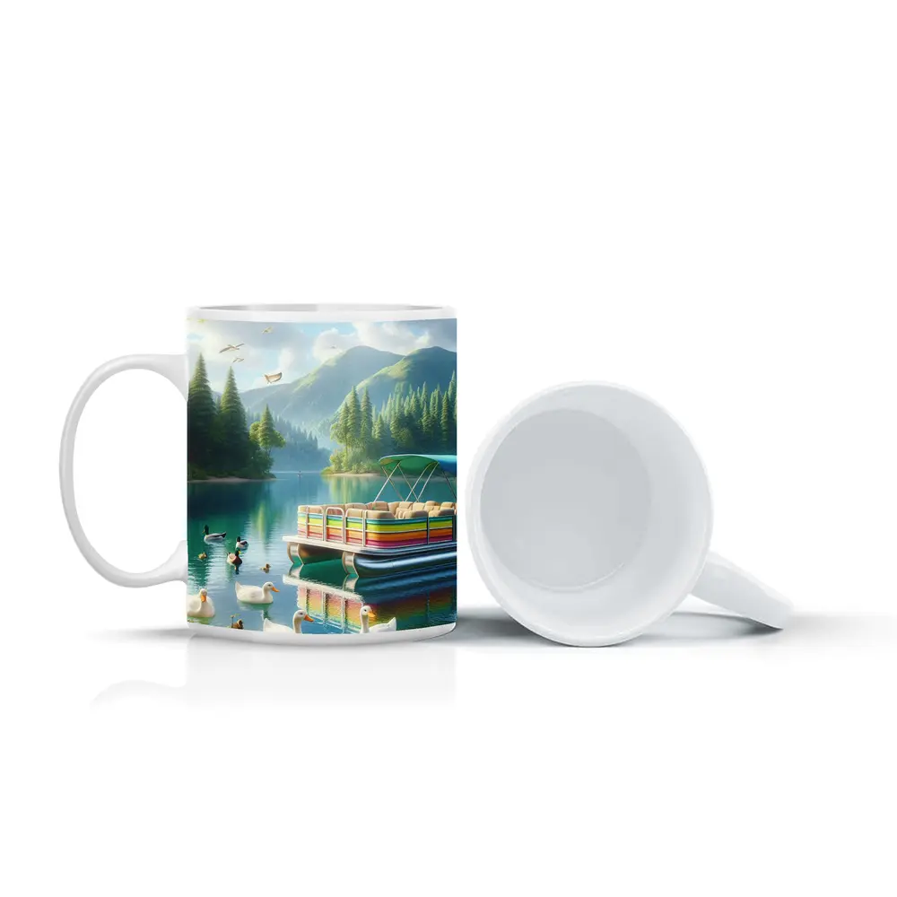Colorful Pontoon Boat Lake Mountain Scene – Mugs