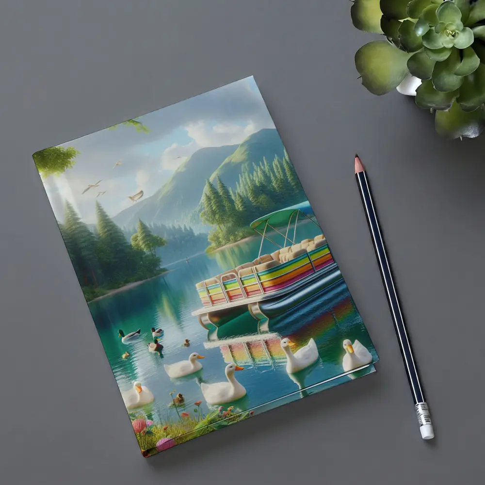Colorful Pontoon Boat Lake Mountain Scene – Notebooks