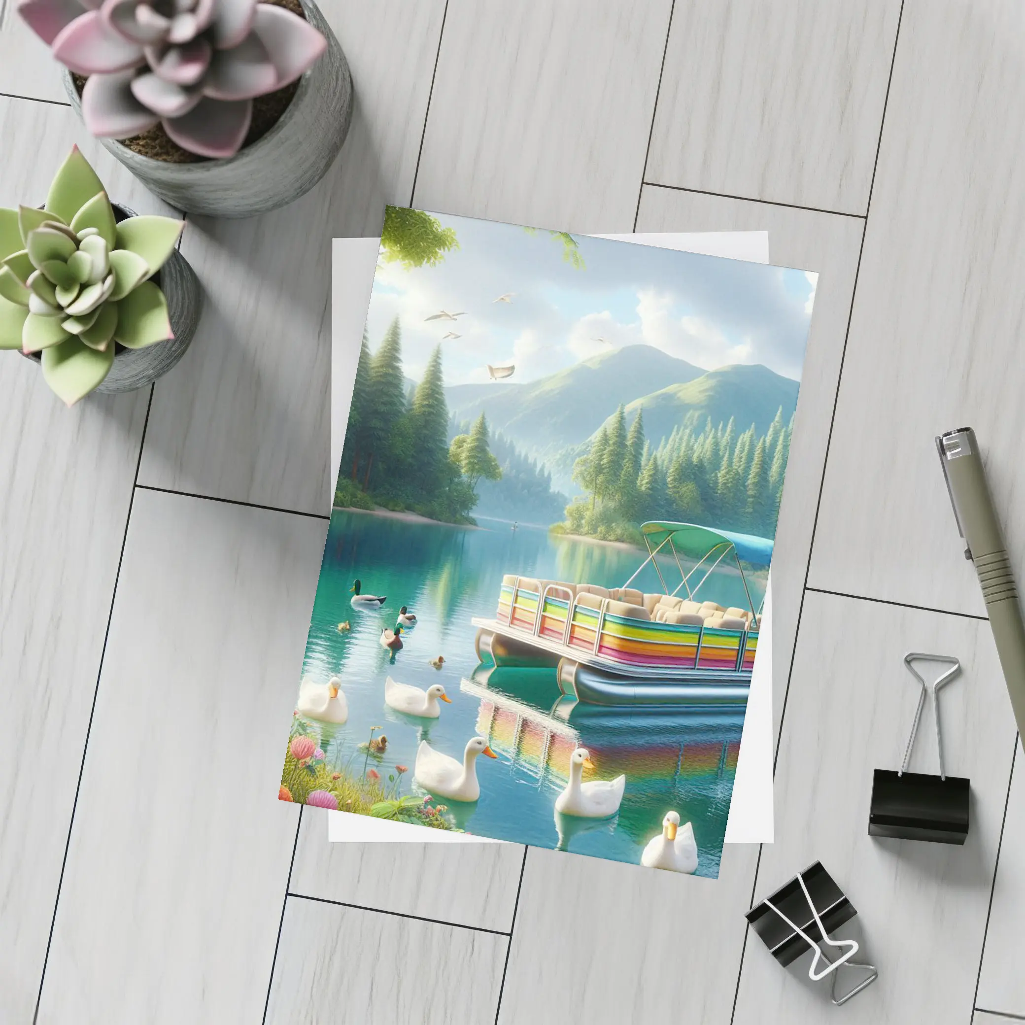 Colorful Pontoon Boat Lake Mountain Scene – Postcards
