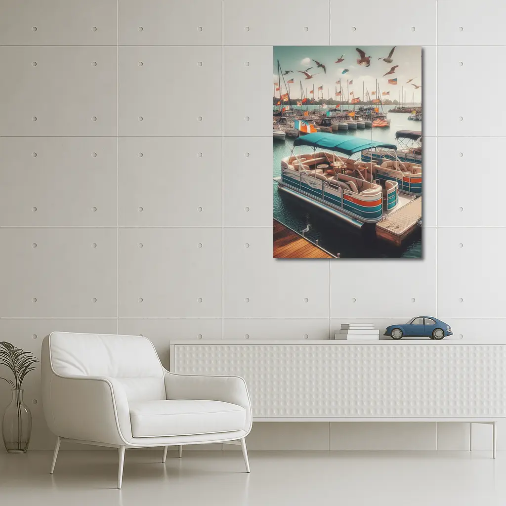 Pontoon Boats Docked Marina American Flags – Wall Art