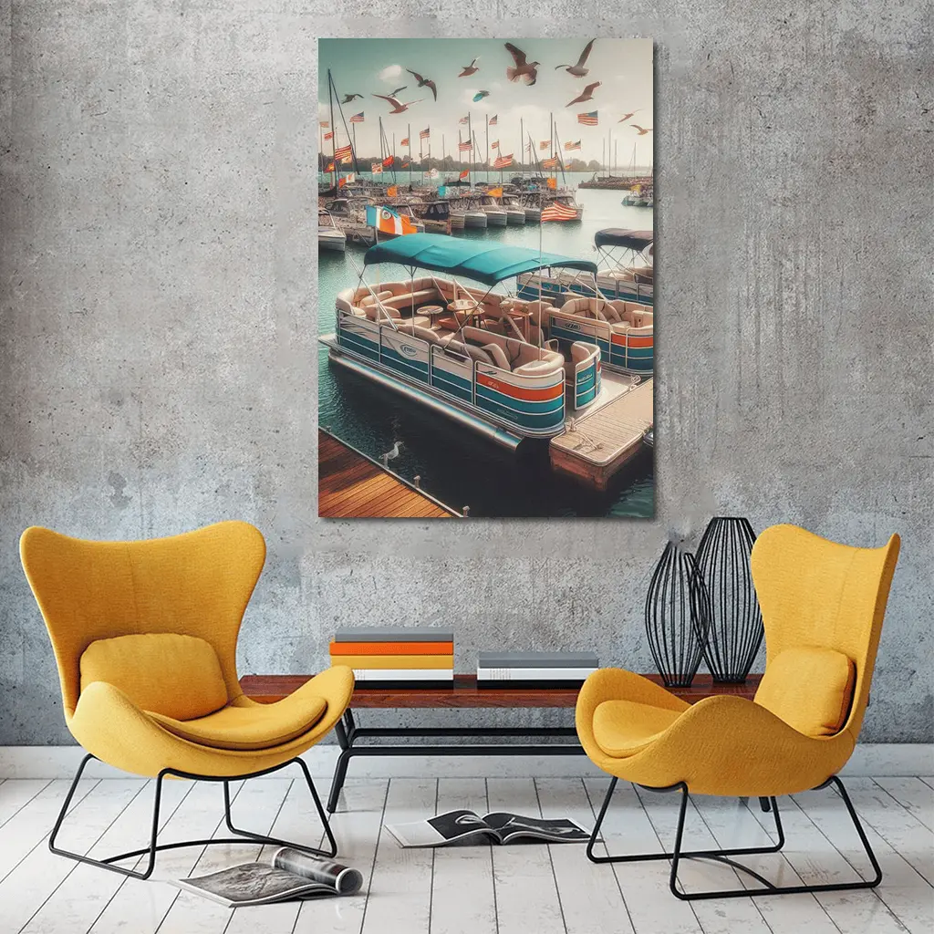 Pontoon Boats Docked Marina American Flags – Wall Art