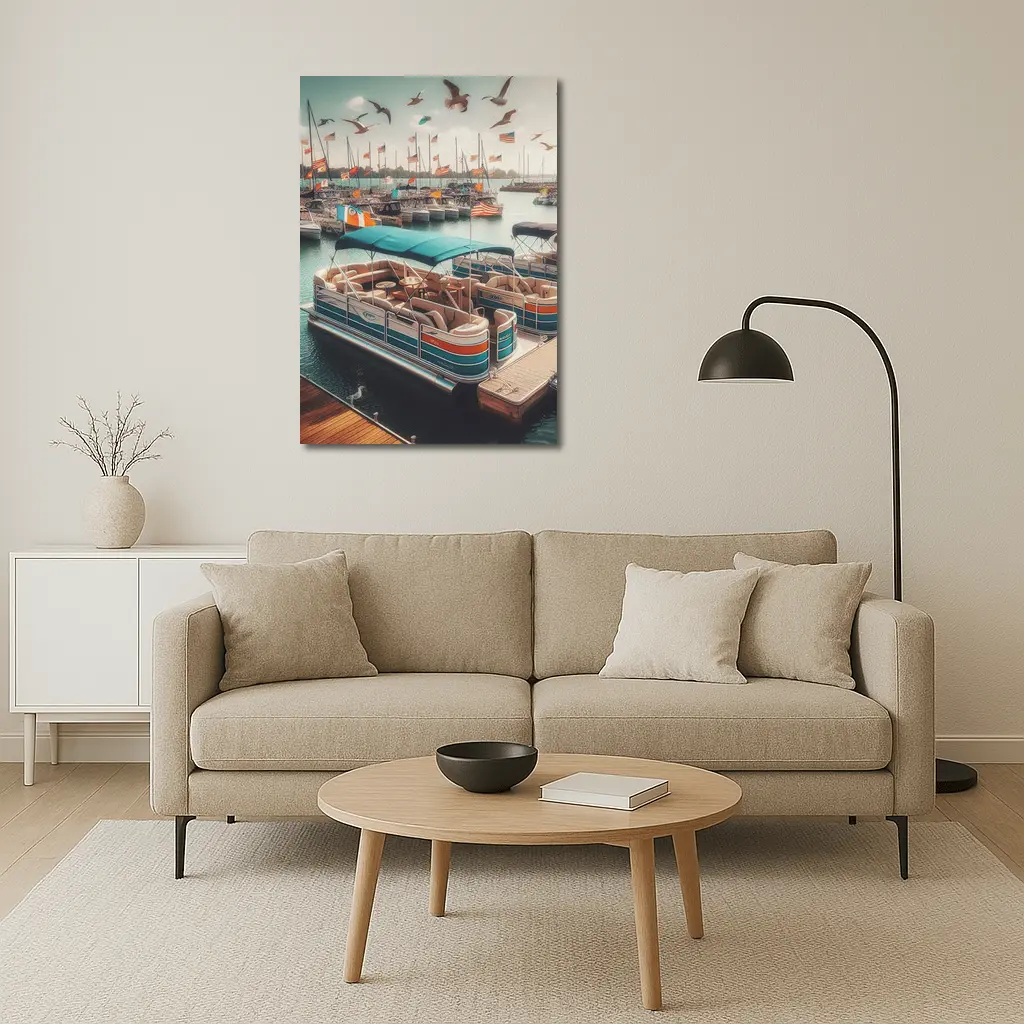 Pontoon Boats Docked Marina American Flags – Wall Art