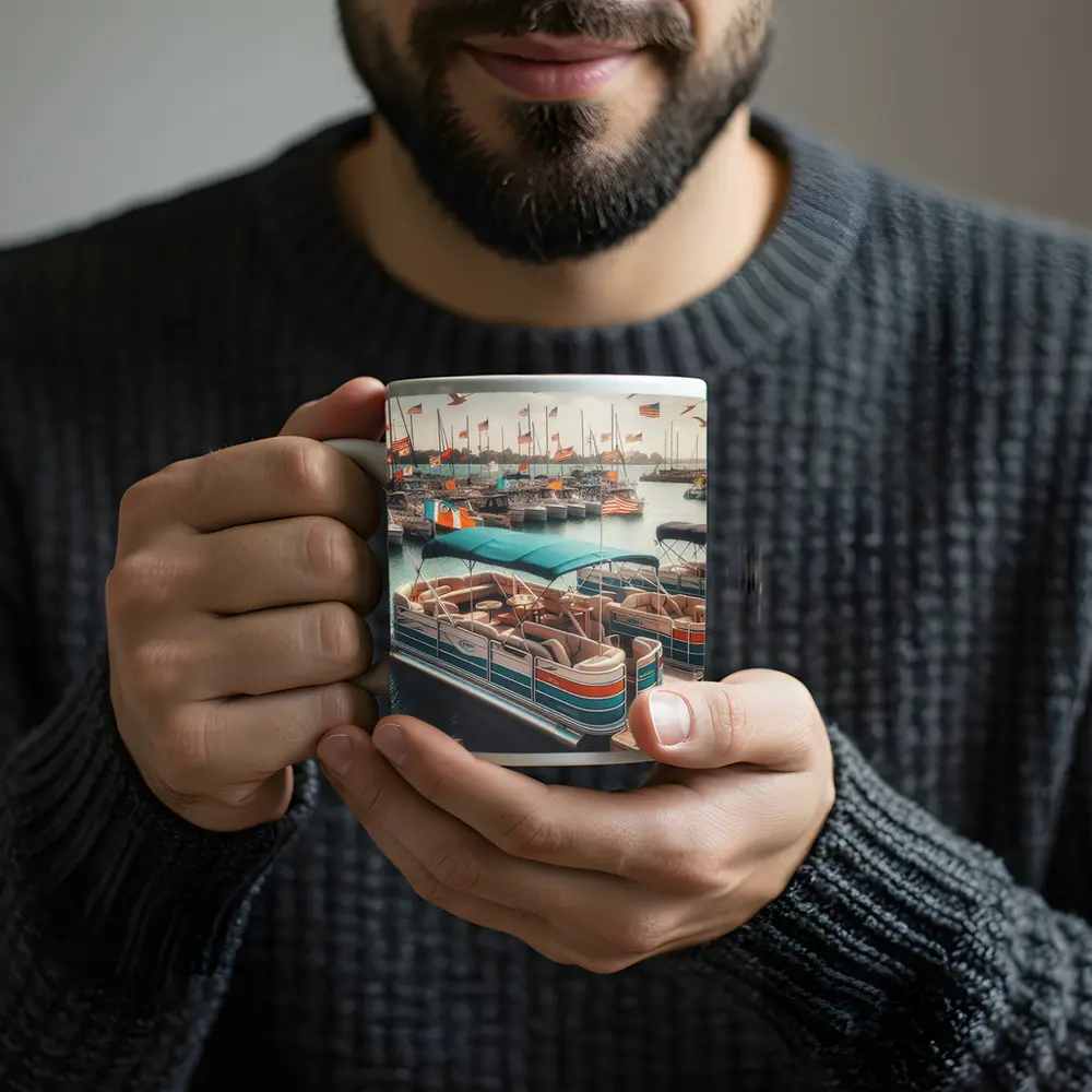Pontoon Boats Docked Marina American Flags – Mugs