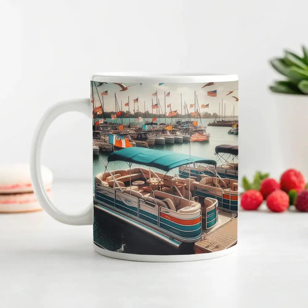 Pontoon Boats Docked Marina American Flags – Mugs