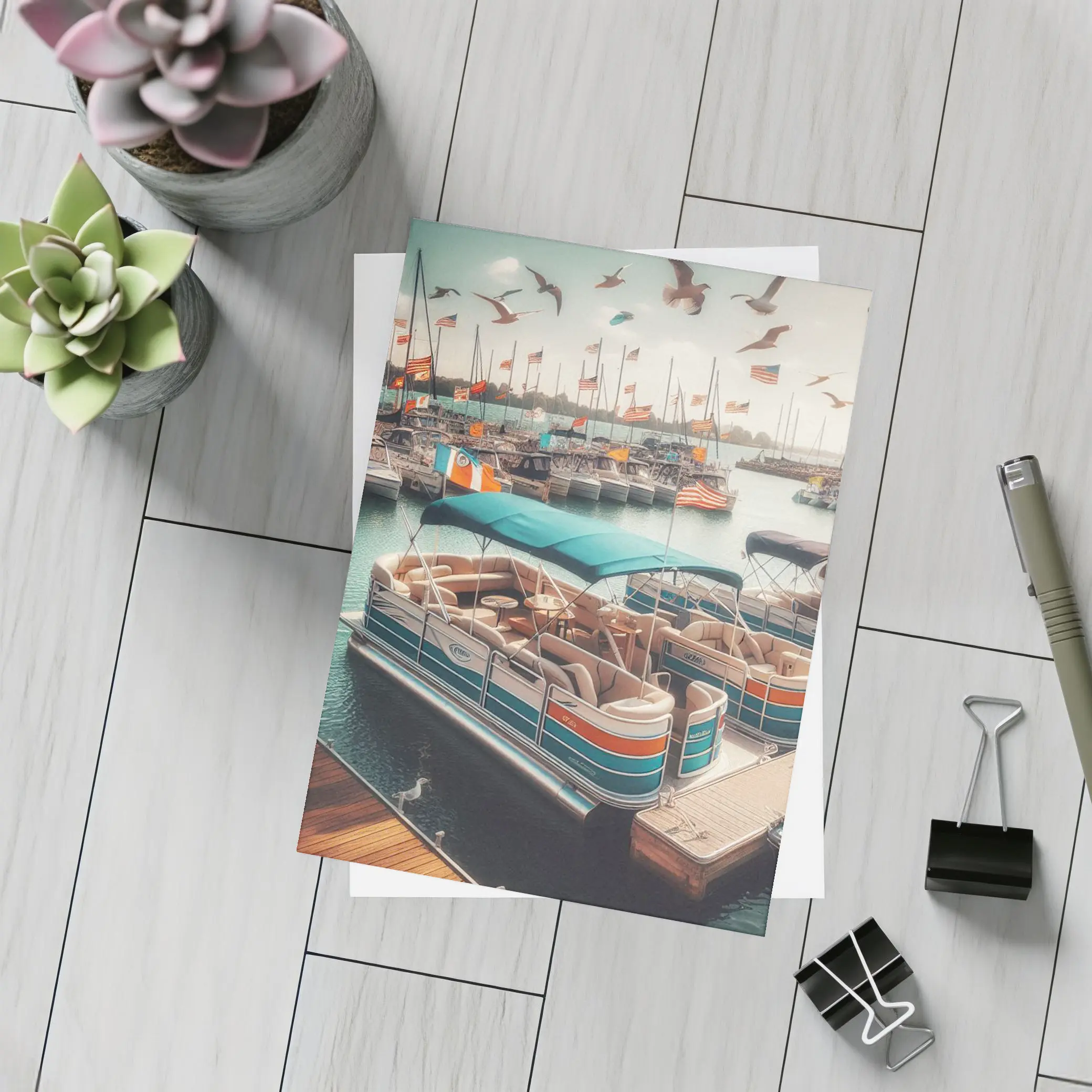 Pontoon Boats Docked Marina American Flags – Postcards