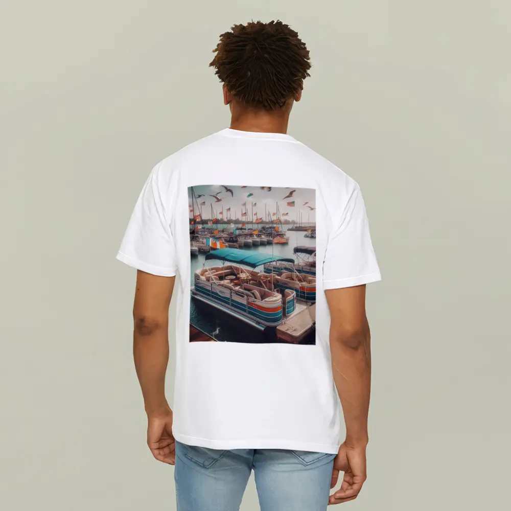 Pontoon Boats Docked Marina American Flags – T-Shirts