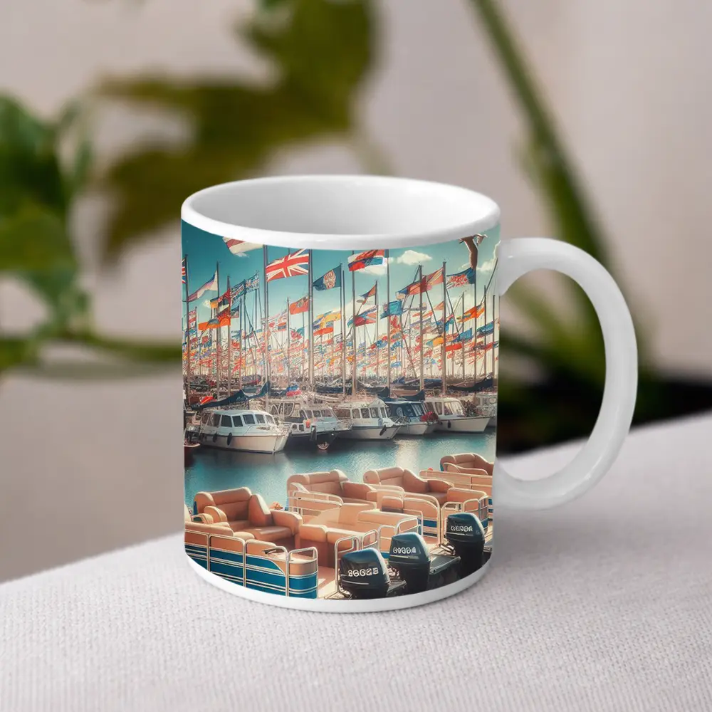 Marina Boats Flags Seagulls Blue Sky – Mugs