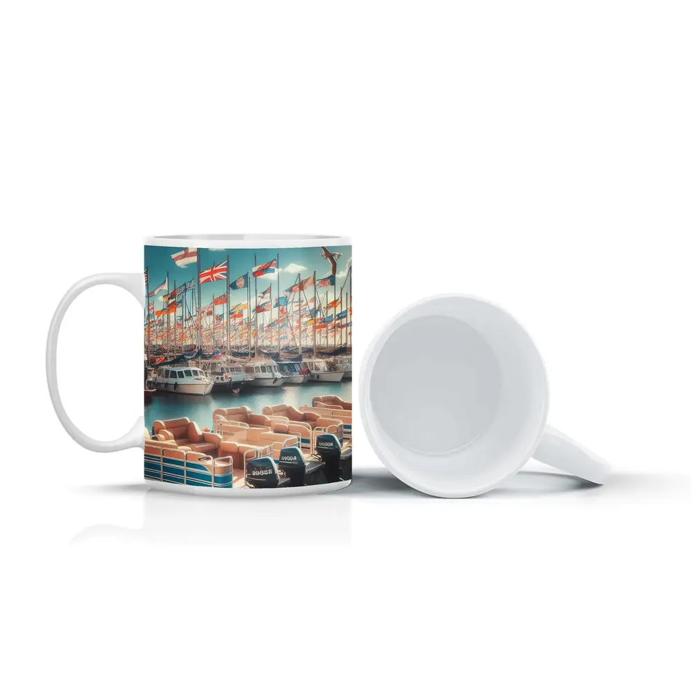 Marina Boats Flags Seagulls Blue Sky – Mugs