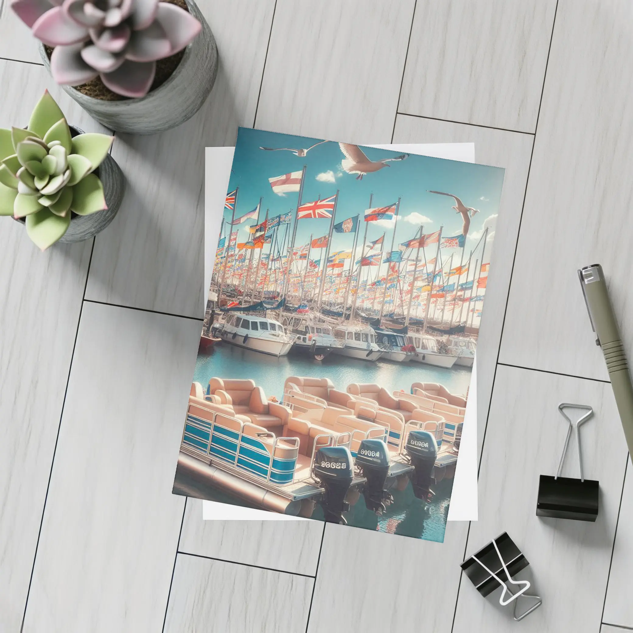 Marina Boats Flags Seagulls Blue Sky – Postcards
