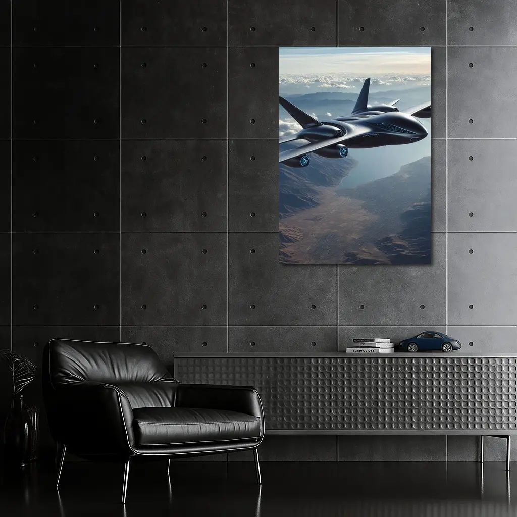Futuristic Black Jet Aircraft Flying Over Mountains – Wall Art