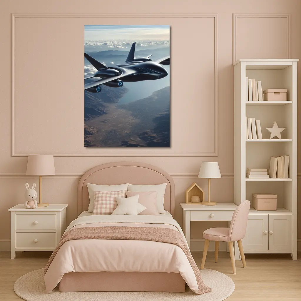 Futuristic Black Jet Aircraft Flying Over Mountains – Wall Art