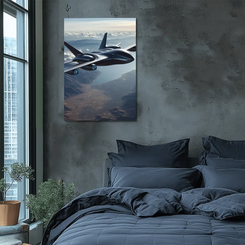 Futuristic Black Jet Aircraft Flying Over Mountains – Wall Art