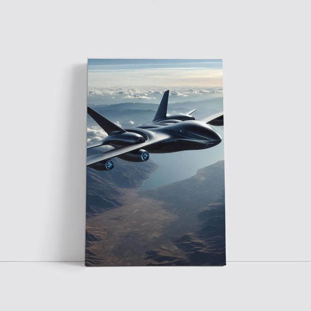 Futuristic Black Jet Aircraft Flying Over Mountains – Wall Art
