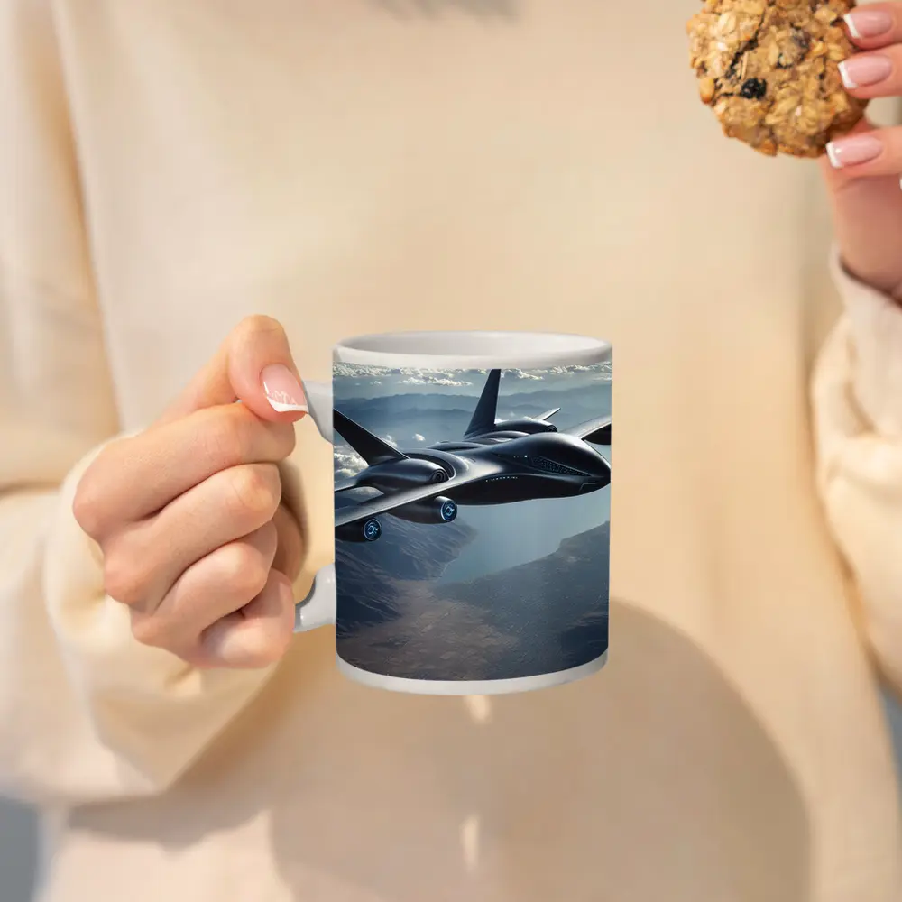 Futuristic Black Jet Aircraft Flying Over Mountains – Mugs