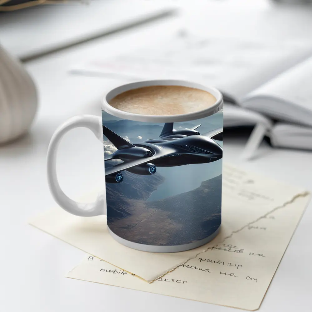 Futuristic Black Jet Aircraft Flying Over Mountains – Mugs