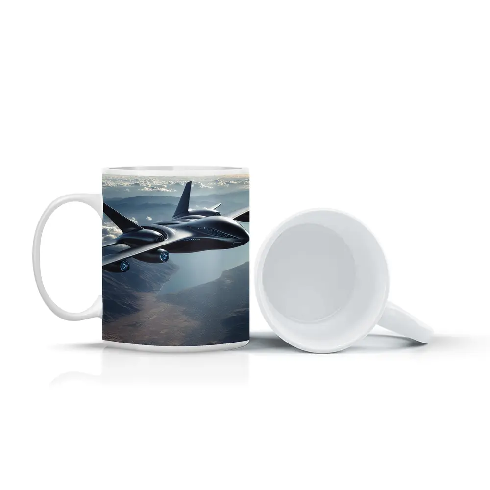 Futuristic Black Jet Aircraft Flying Over Mountains – Mugs