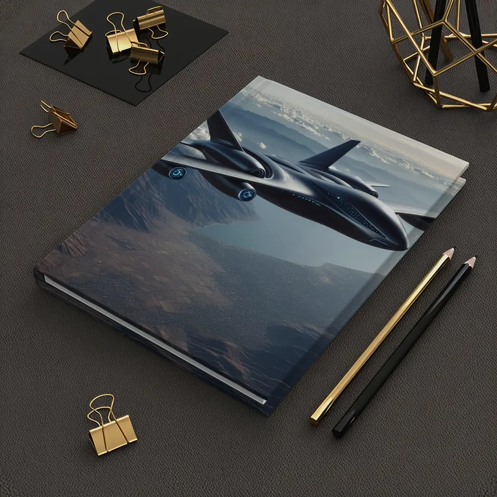 Futuristic Black Jet Aircraft Flying Over Mountains – Notebooks
