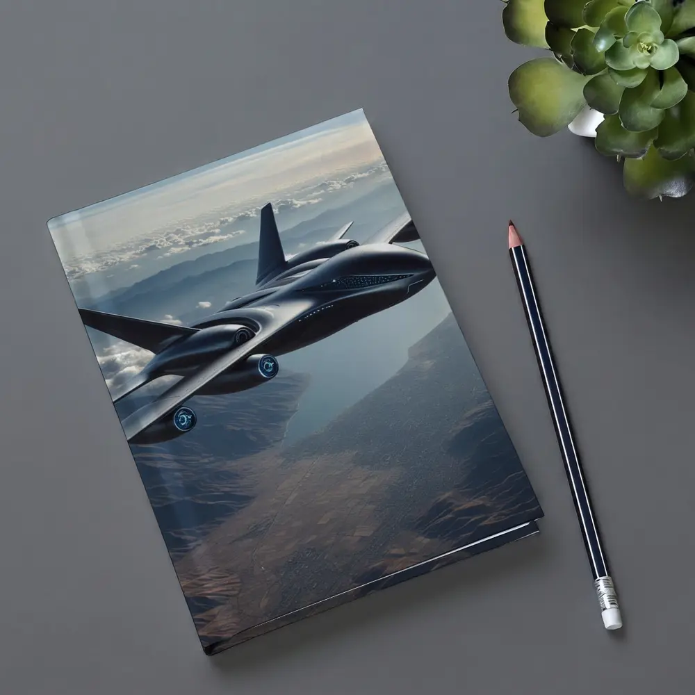 Futuristic Black Jet Aircraft Flying Over Mountains – Notebooks