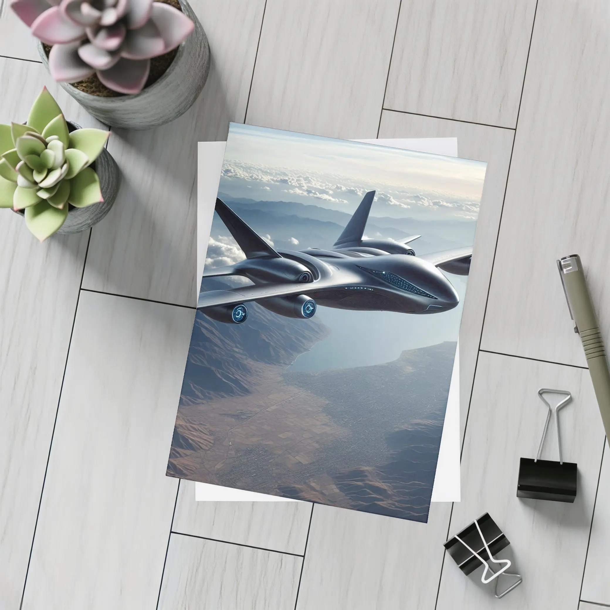 Futuristic Black Jet Aircraft Flying Over Mountains – Postcards