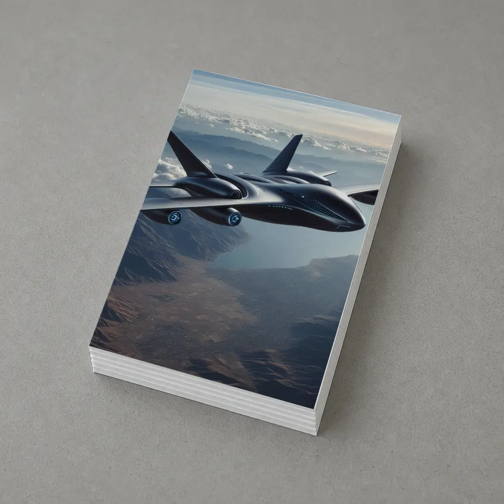 Futuristic Black Jet Aircraft Flying Over Mountains – Postcards