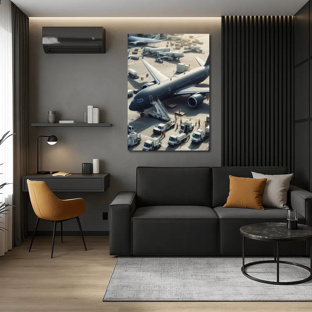 Dark Airplane on Busy Airport Tarmac – Wall Art
