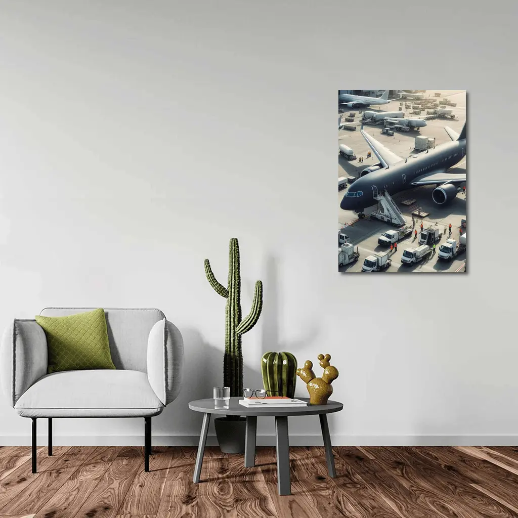 Dark Airplane on Busy Airport Tarmac – Wall Art
