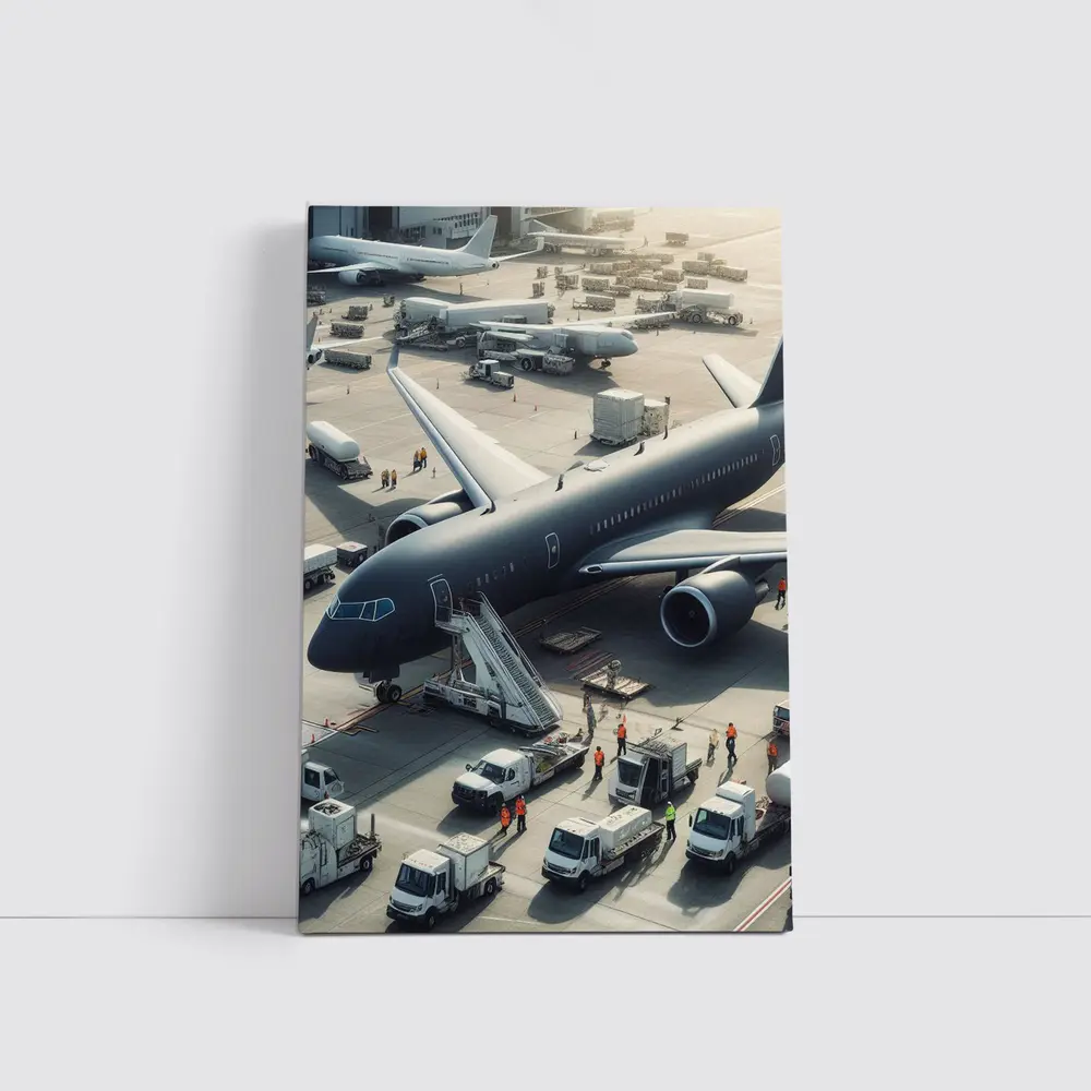 Dark Airplane on Busy Airport Tarmac – Wall Art