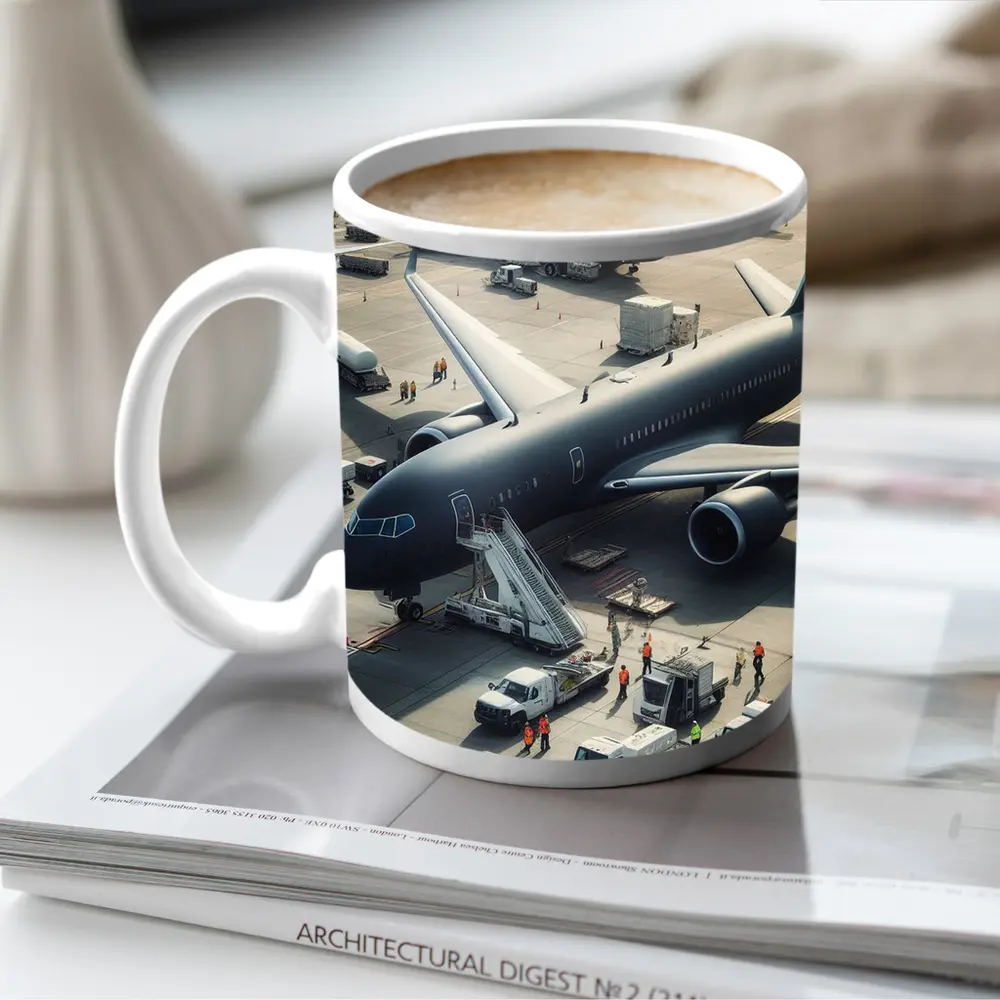 Dark Airplane on Busy Airport Tarmac – Mugs
