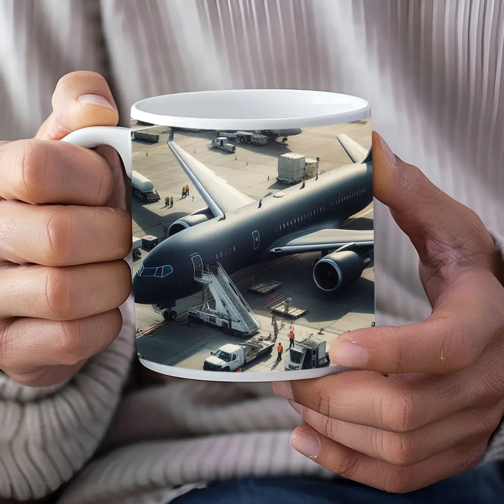 Dark Airplane on Busy Airport Tarmac – Mugs