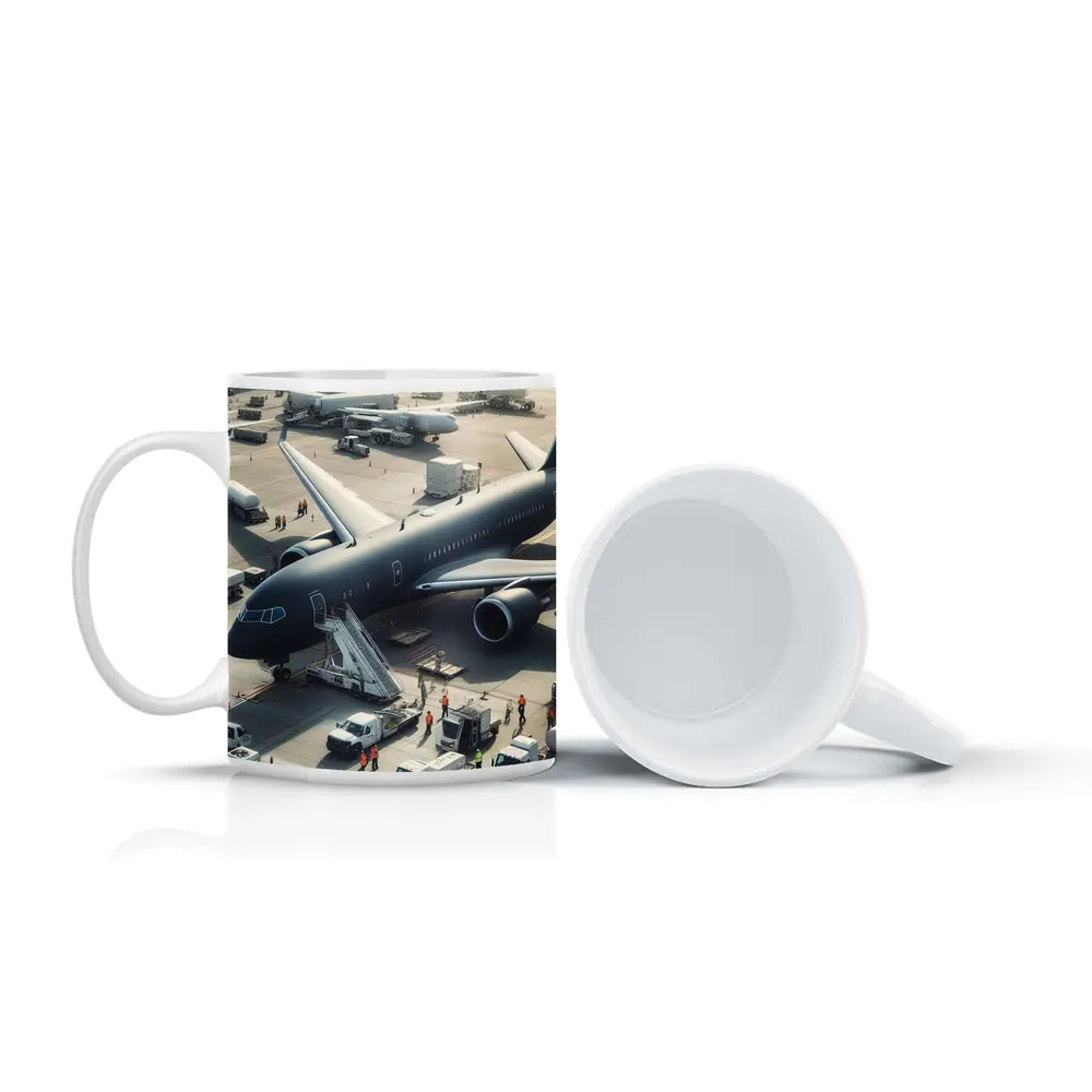 Dark Airplane on Busy Airport Tarmac – Mugs