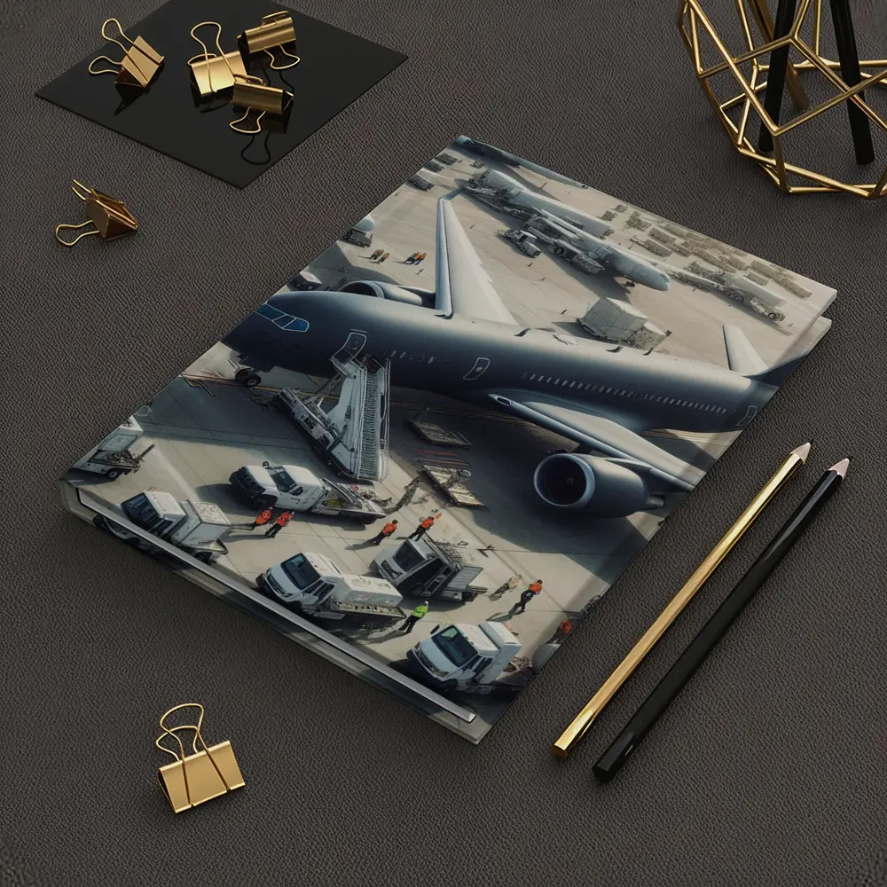 Dark Airplane on Busy Airport Tarmac – Notebooks